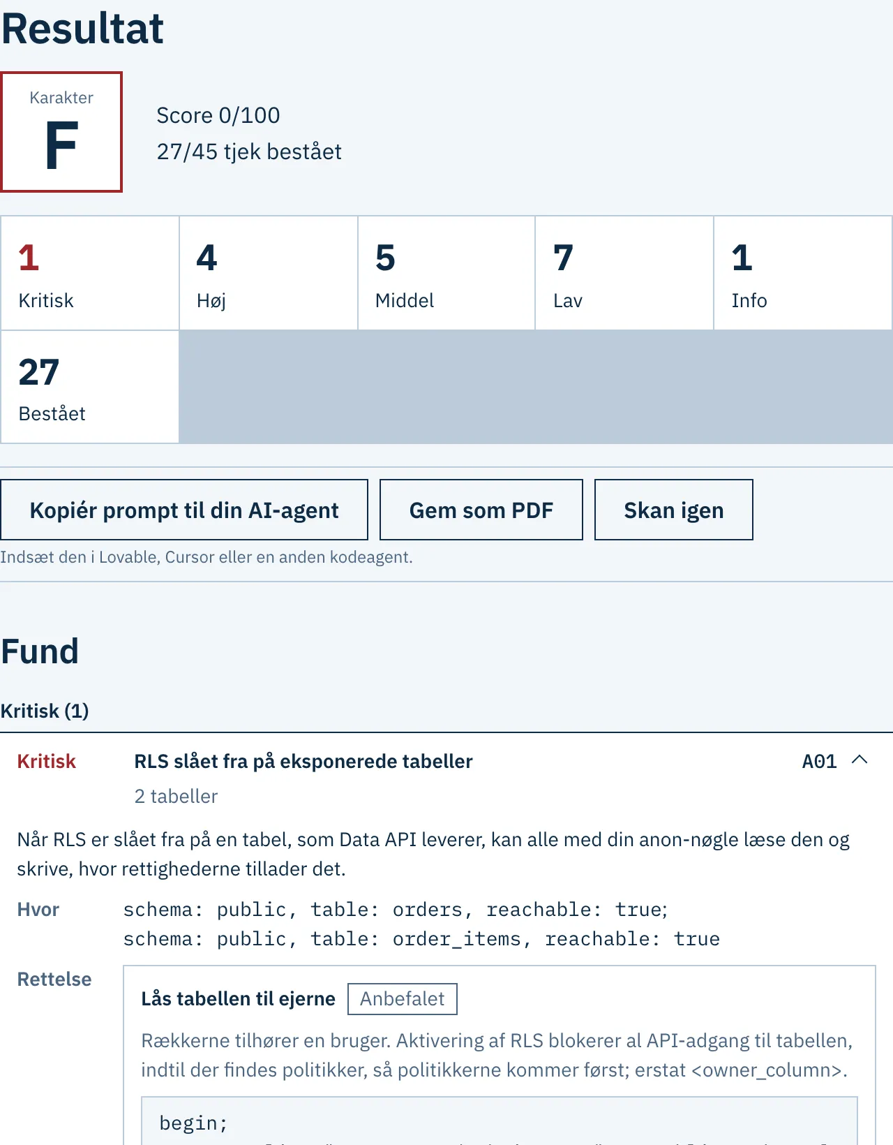 Eksempelrapport for et opfundet projekt: karakter, score og de første fund med deres alvorlighed
