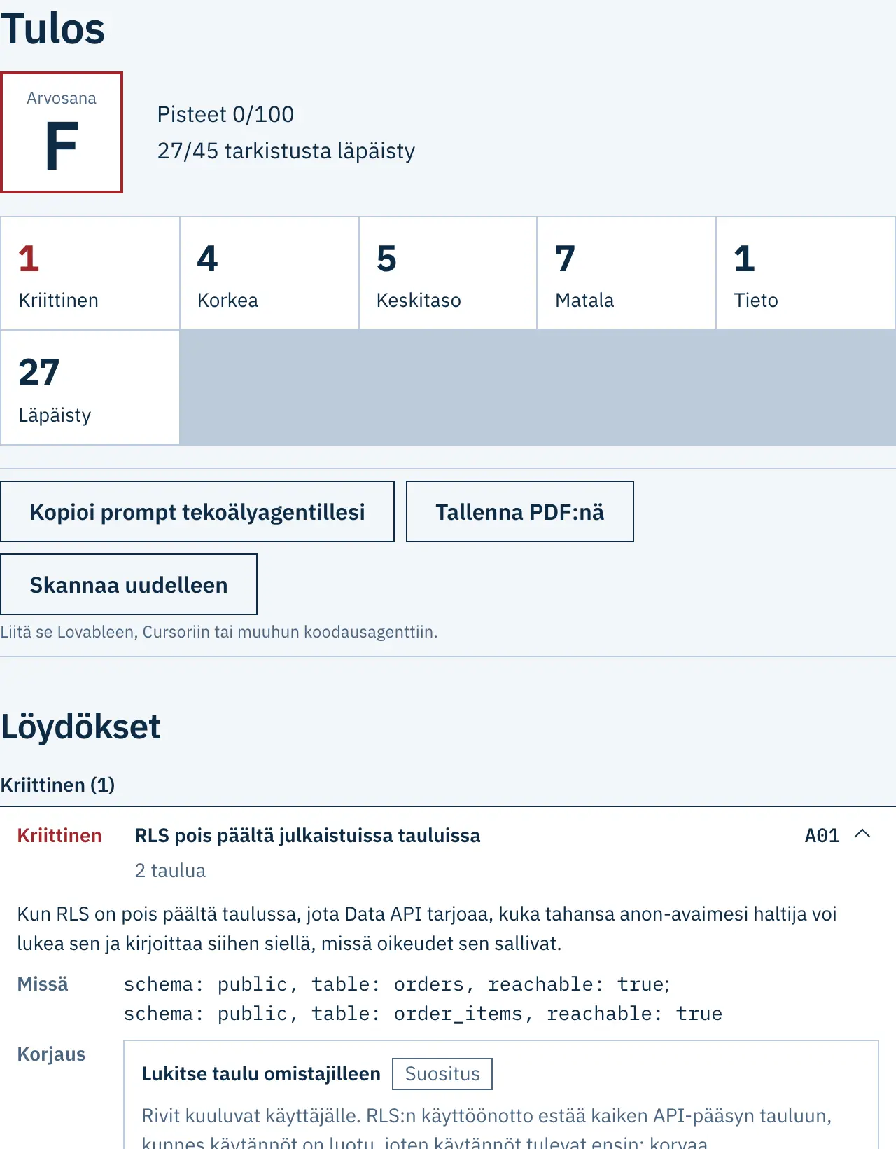 Kuvitteellisen projektin esimerkkiraportti: arvosana, pisteet ja ensimmäiset löydökset vakavuuksineen