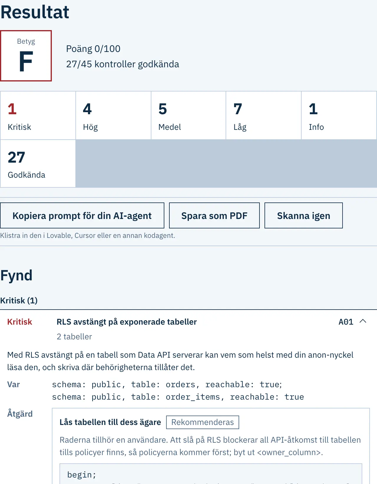Exempelrapport för ett påhittat projekt: betyg, poäng och de första fynden med allvarlighetsgrad
